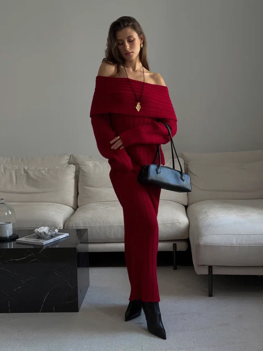 Off Shoulder Fold Over Ribbed Knit Maxi Dress