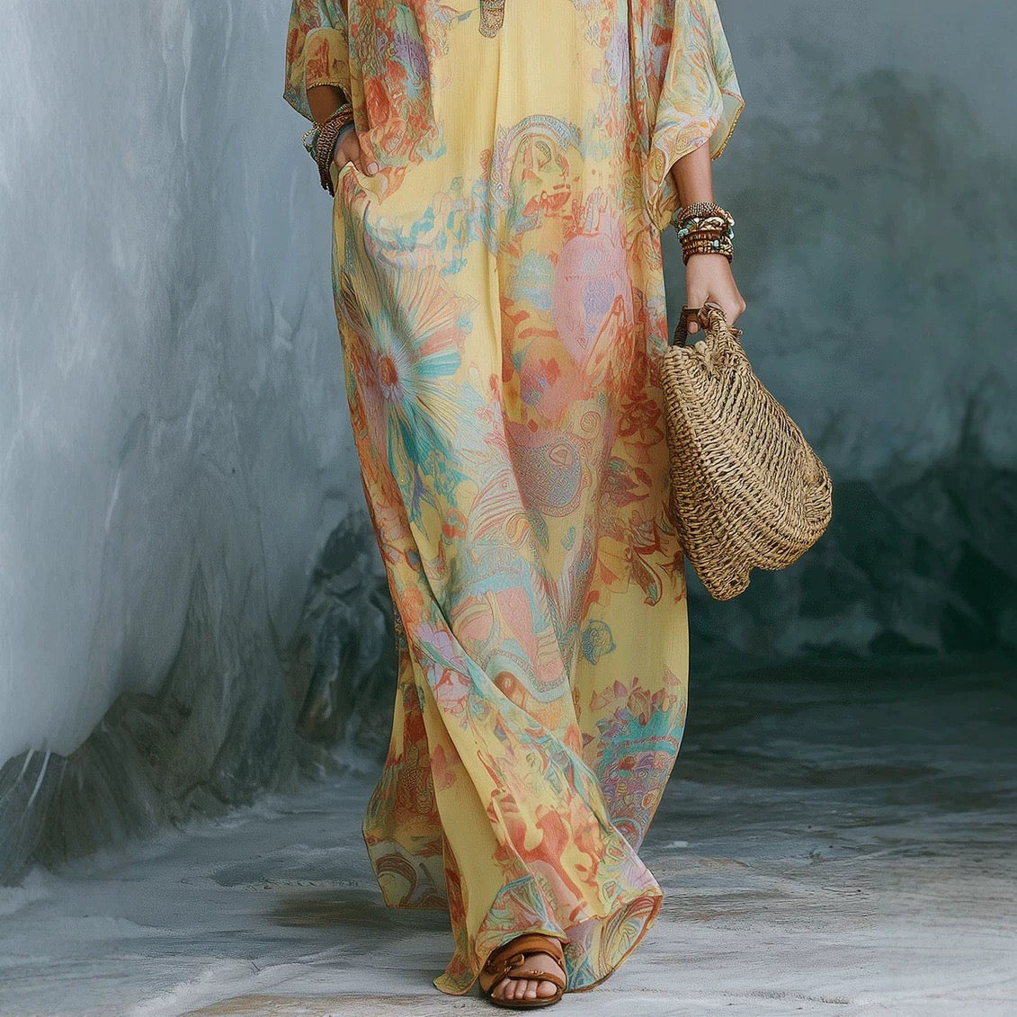 Abito lungo boho in chiffon con stampa floreale e maniche a pipistrello