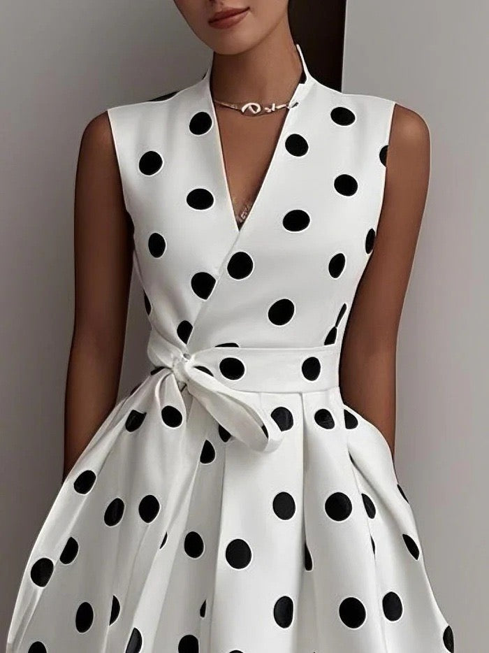 Vintagekleid mit Polka-Dots, V-Ausschnitt, ärmellos, ausgestelltem Rock und Bindegürtel