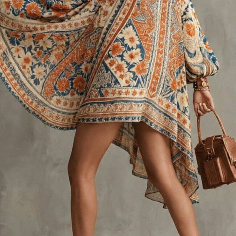 Robe poncho bohème à imprimé rétro, col montant, manches évasées et ourlet asymétrique
