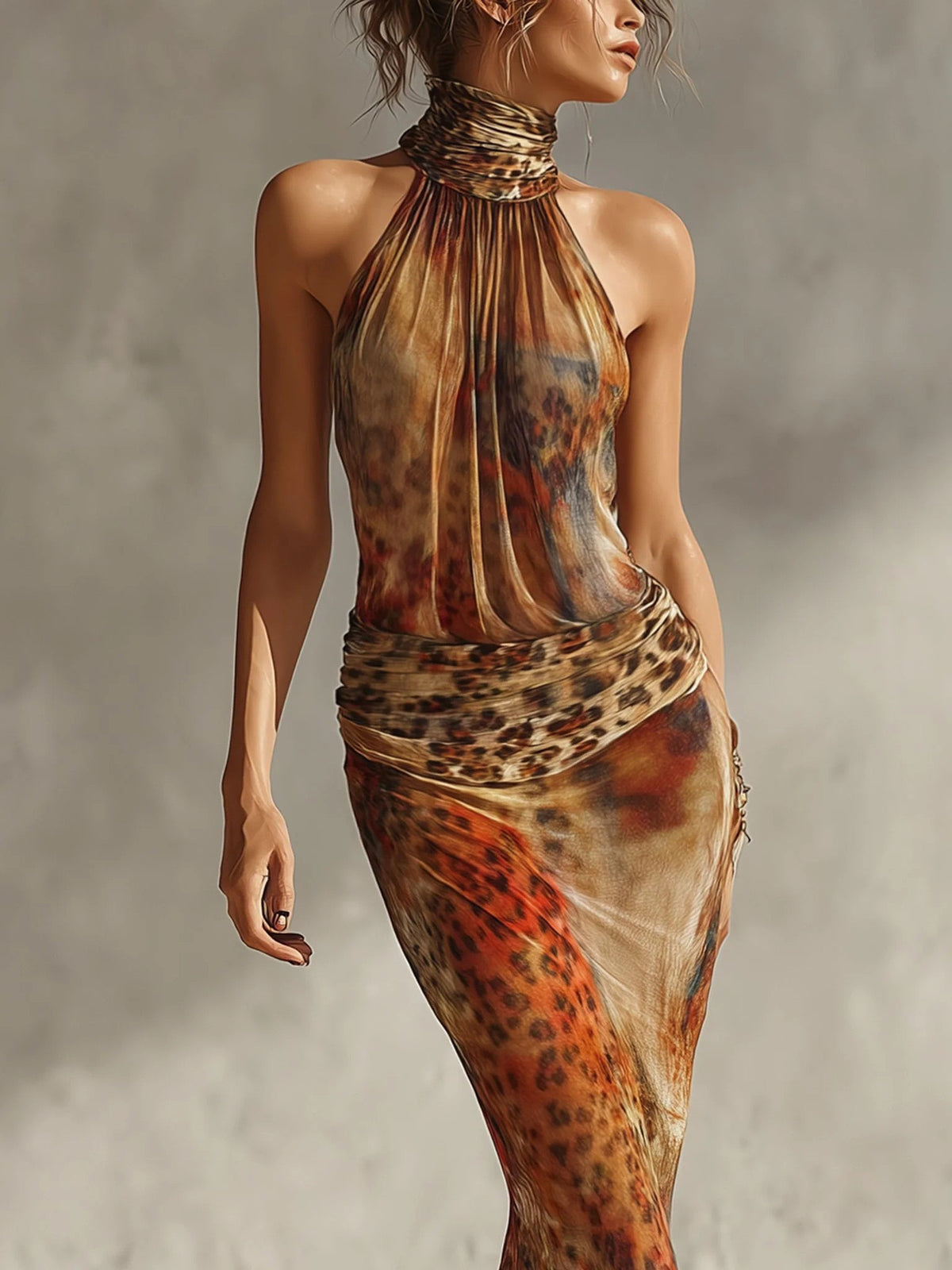 Vintage Leopard Print Halter Neck Mermaid Maxi Dress With Ruched Waist