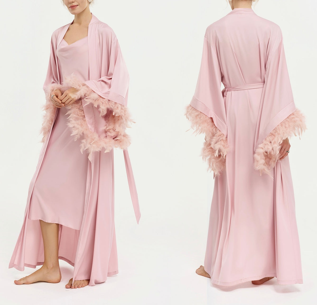 Luxuoso conjunto de camisa de dormir comprida em cetim com mangas de penas e saia-camisa