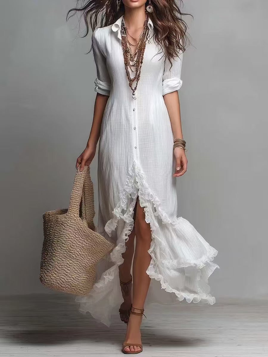 Hemdblusenkleid aus Baumwoll-Leinen im französischen Bohème-Stil mit asymmetrischem Rüschensaum