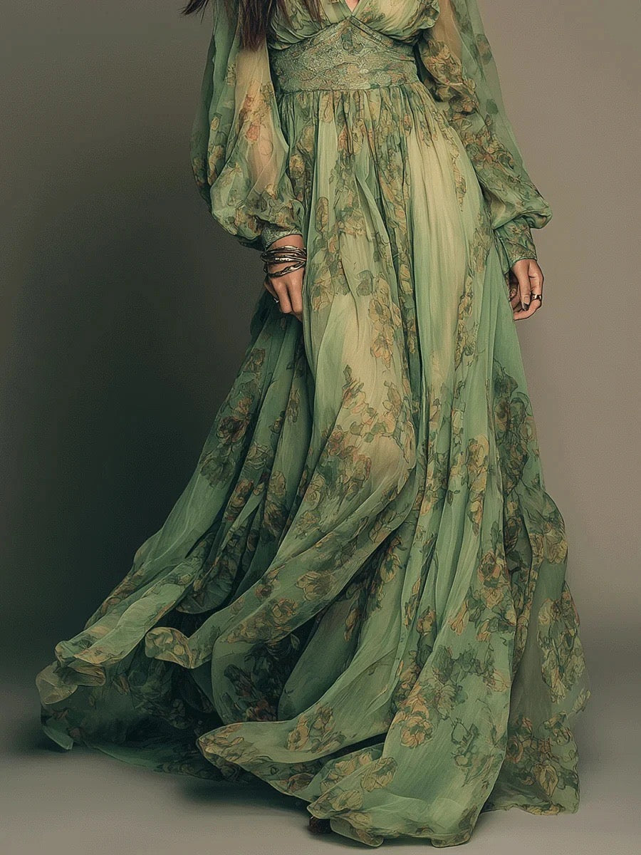 Grünes Chiffon-Maxikleid mit Blumenprint, tiefem V-Ausschnitt und Puffärmeln