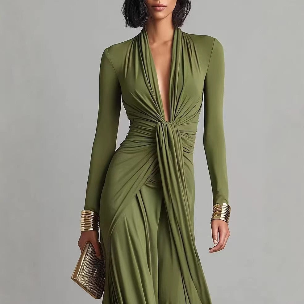 Vestido maxi elegante de manga comprida, decote em V profundo, cintura torcida e racha lateral
