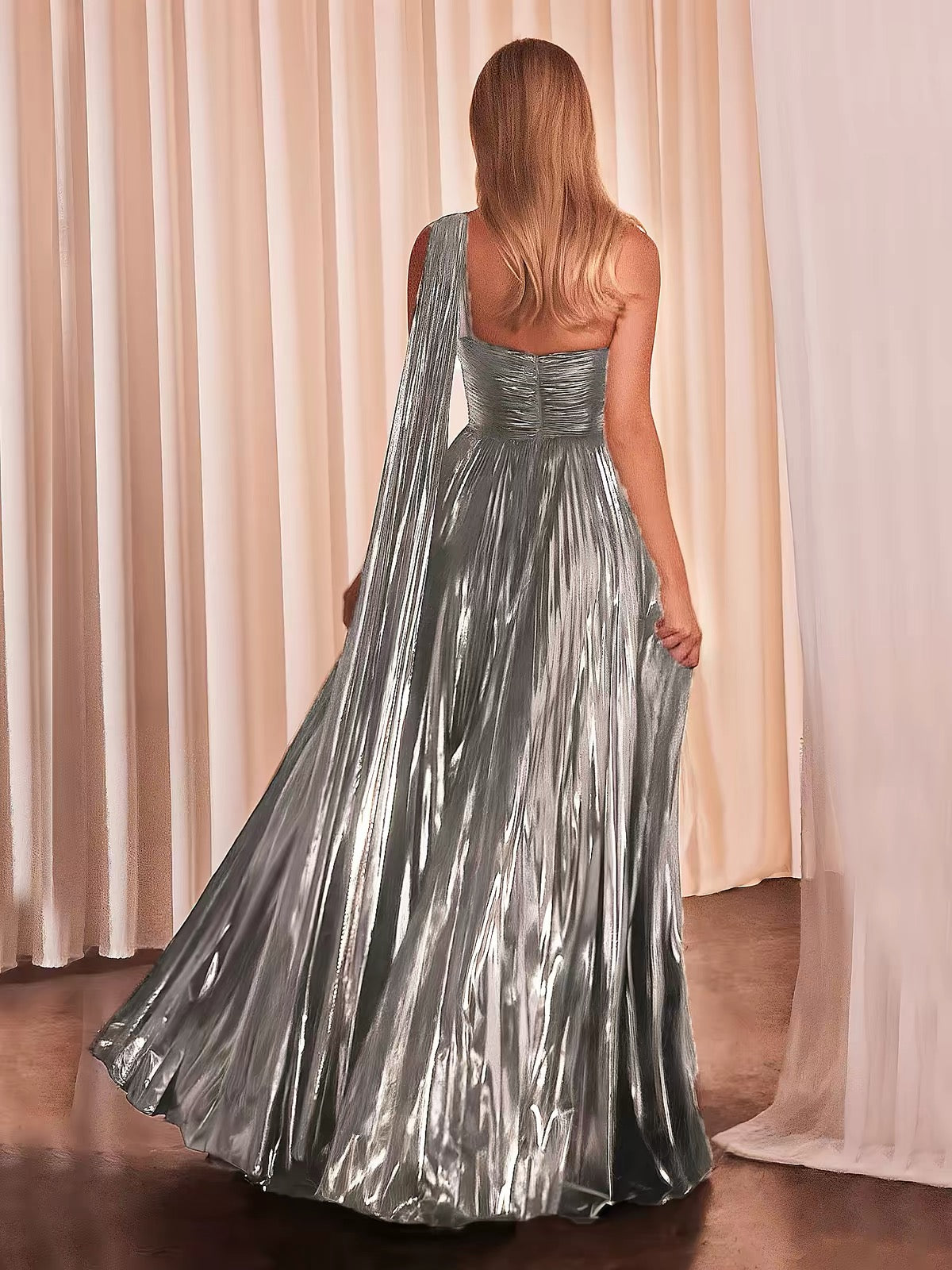 One‑Shoulder Metallic Pleated Maxi Gown, Ruched Waist Shiny Formal Evening Dress