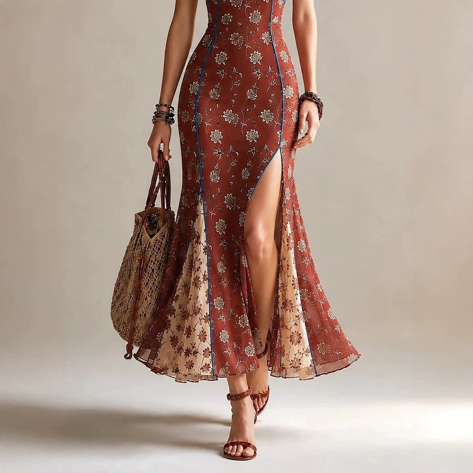 Abito lungo boho con stampa floreale color ruggine, inserti in mesh, profili a contrasto e spacco alto – Abito estivo vintage da spiaggia