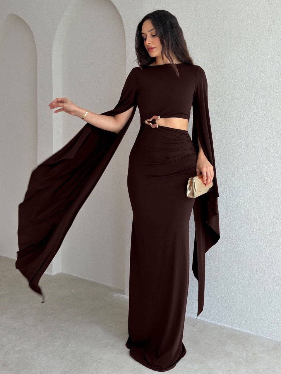Chocolate Brown Cape-Sleeve Maxi Dress – Metal Ring Cutout Bodycon Gown