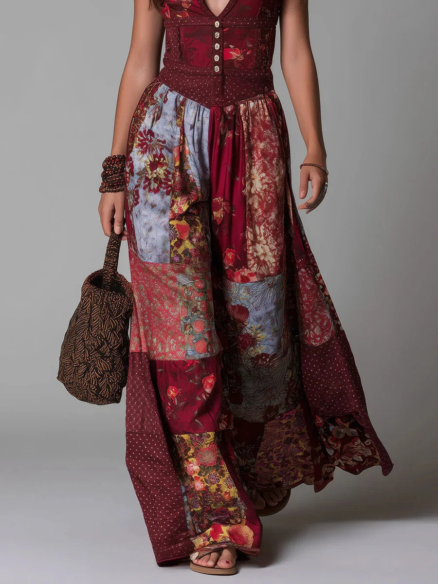 Boho V-Neck Patchwork Floral Maxi Dress – Artistic Summer Gown For Women