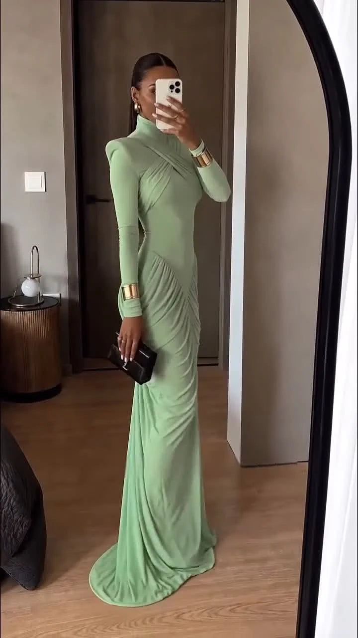 Sage Green Shoulder Pad Cross Neck Ruched Long Sleeve Maxi Dress
