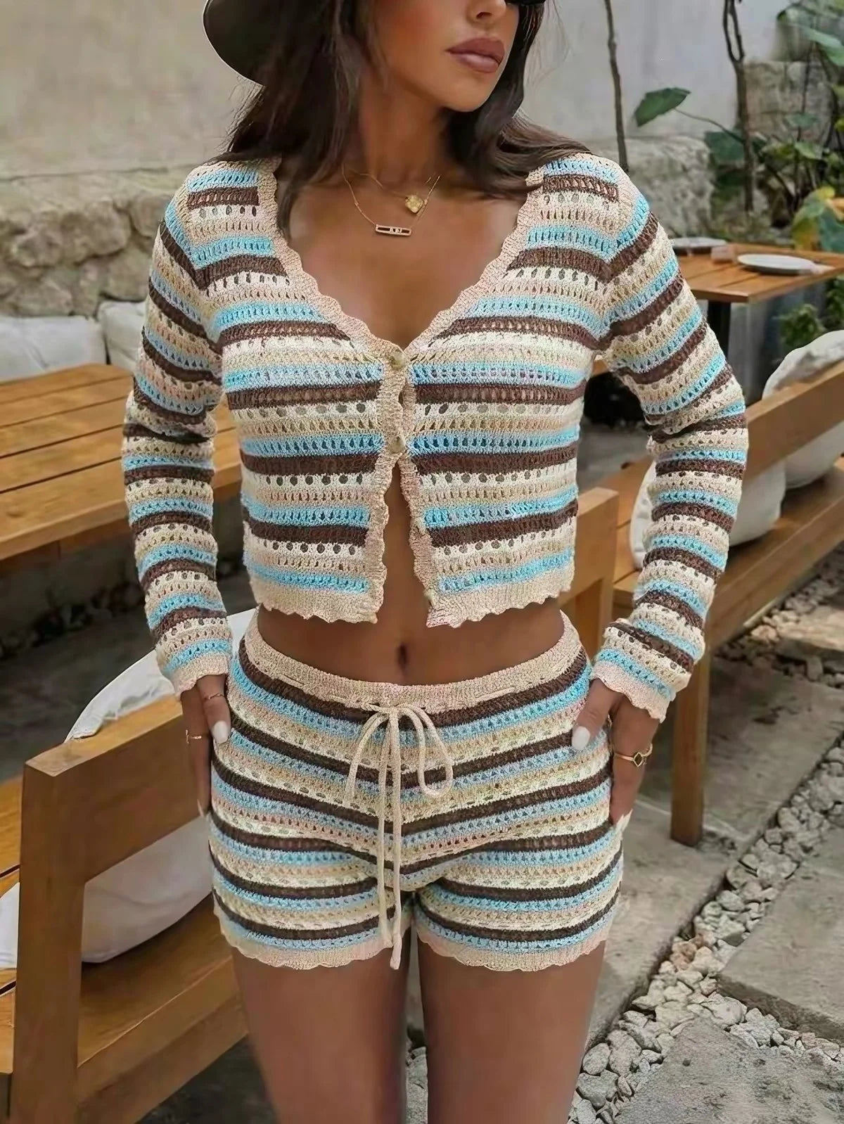 Striped Crochet Knit Long Sleeve Crop Cardigan and Shorts Two Piece Set
