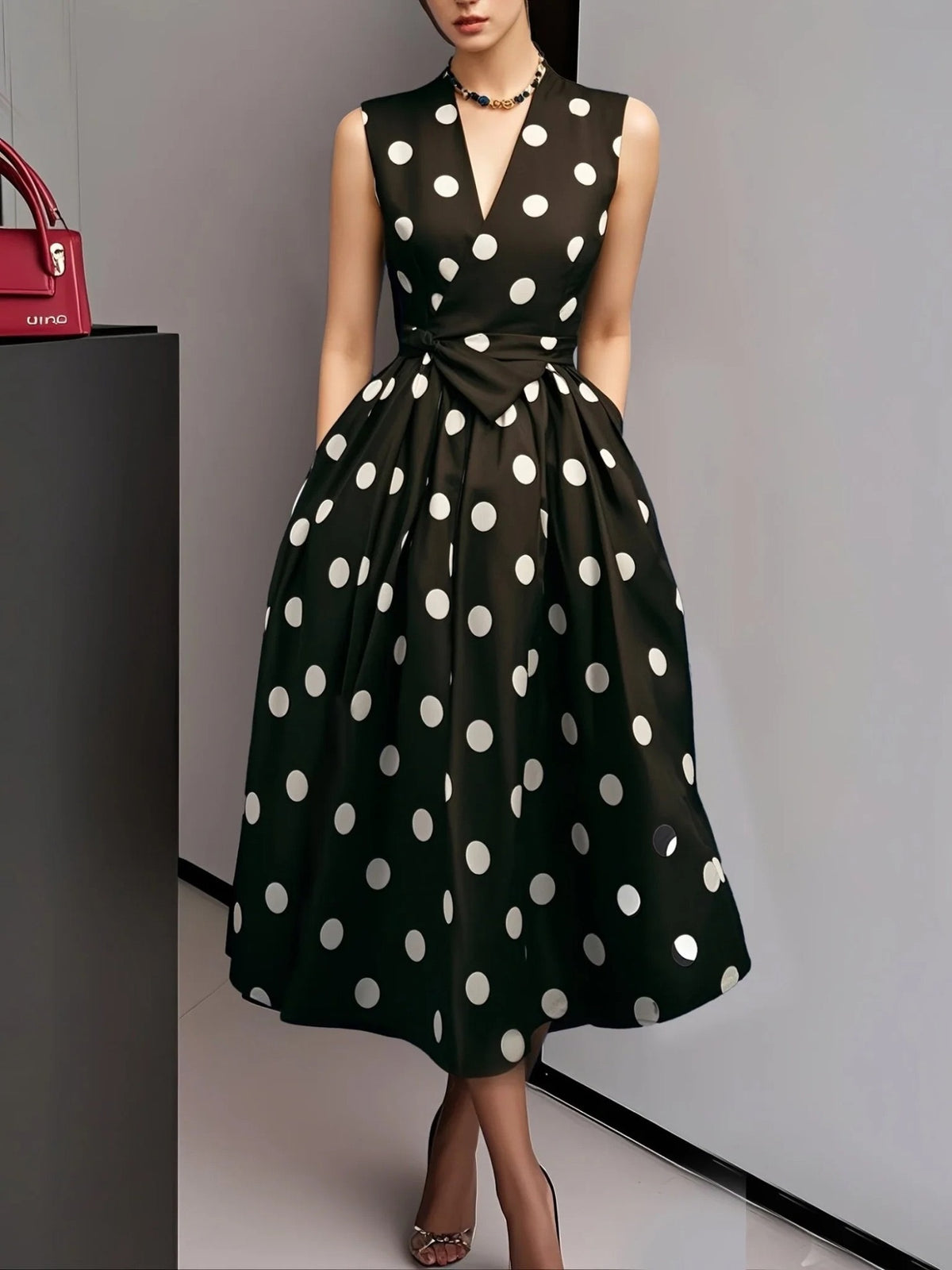 Robe trapèze vintage à pois, sans manches, col V et taille nouée