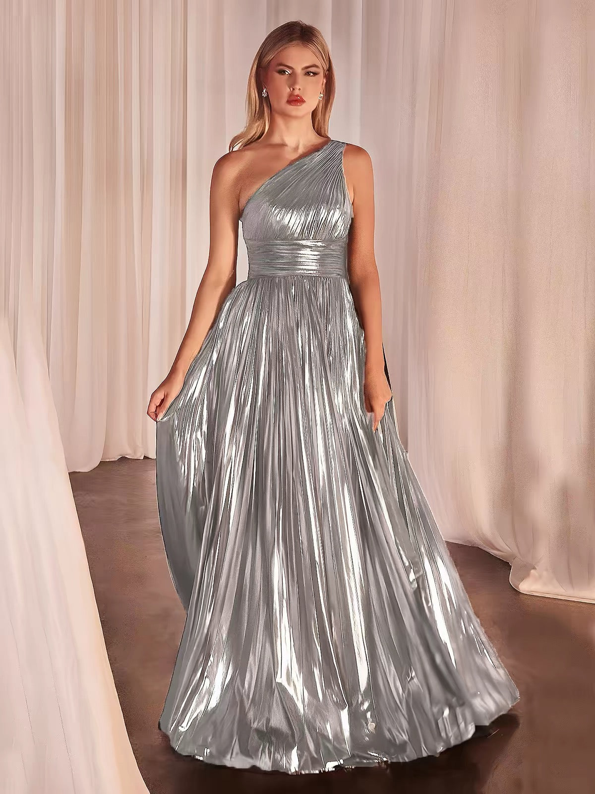 One‑Shoulder Metallic Pleated Maxi Gown, Ruched Waist Shiny Formal Evening Dress