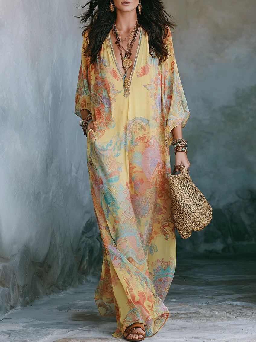 Abito lungo boho in chiffon con stampa floreale e maniche a pipistrello