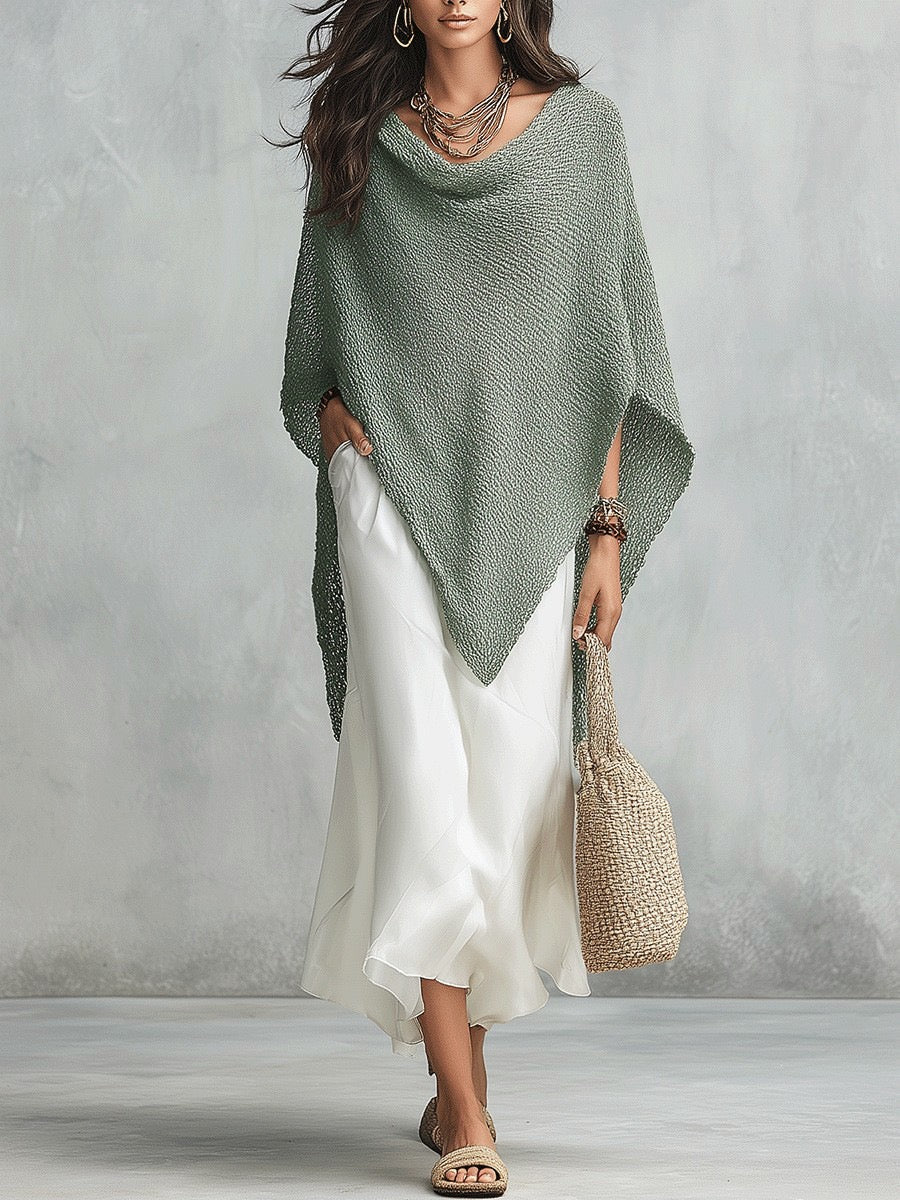 Ensemble avec blouse ample en maille à col châle et manches chauve-souris, pour femme, coloris uni, pour l’automne et les vacances, et robe blanche