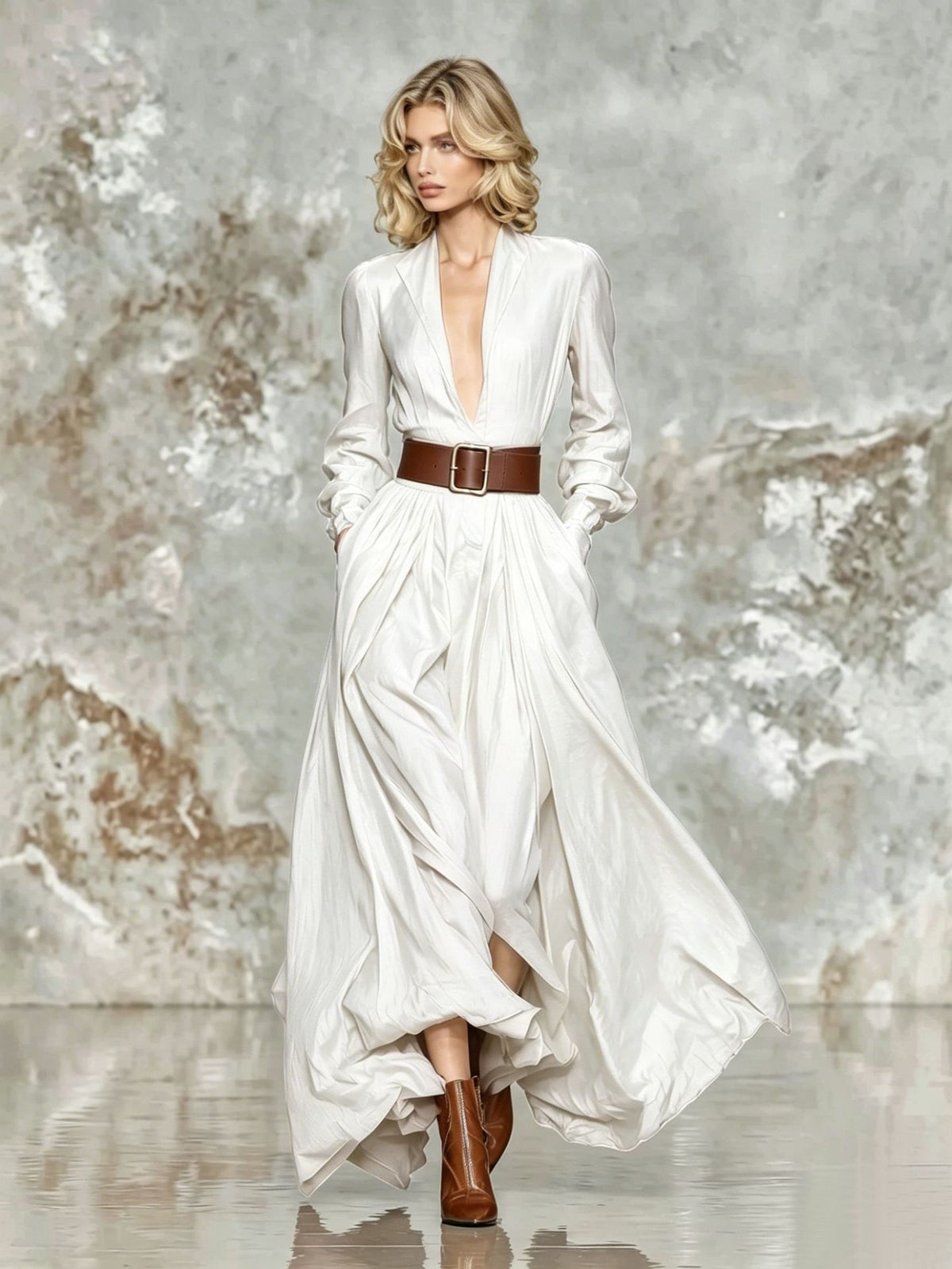 Deep V‑Neck Long Sleeve Belted Maxi Dress, Pleated Flowy Side Pocket Evening Gown