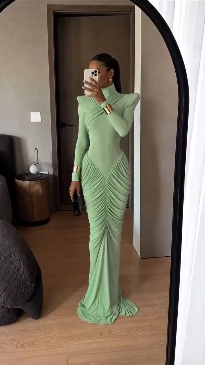 Sage Green Shoulder Pad Cross Neck Ruched Long Sleeve Maxi Dress