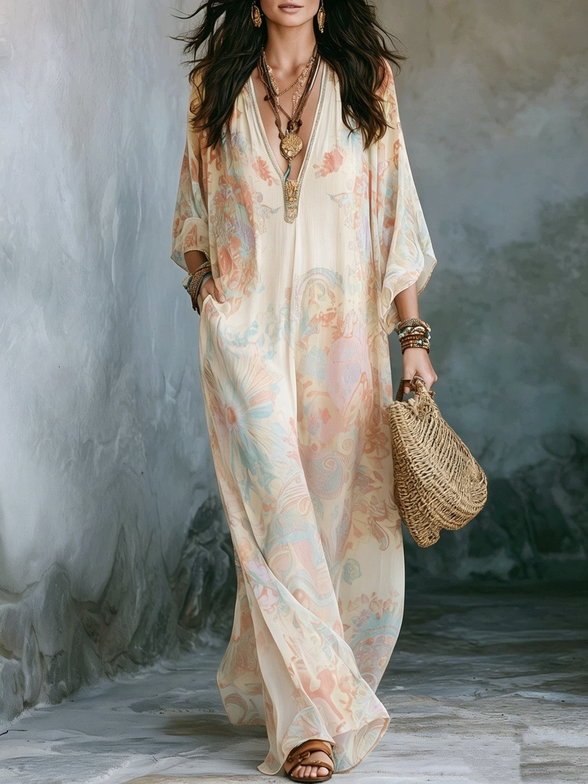Abito lungo boho in chiffon con stampa floreale e maniche a pipistrello