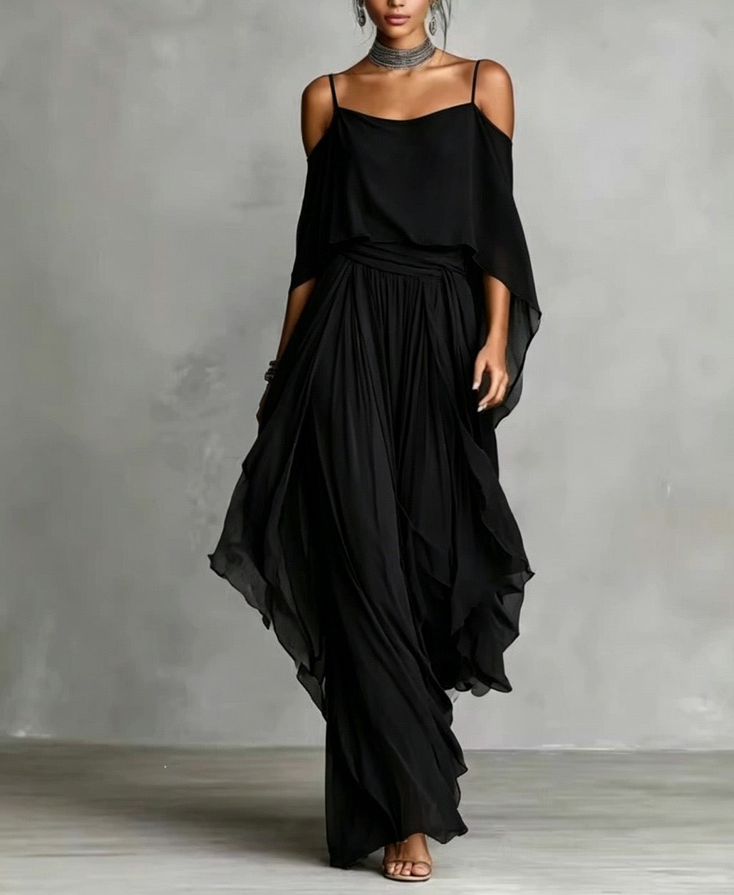 Elegant Off-Shoulder Chiffon Camisole & Wide-Leg Pants Two-Piece Set