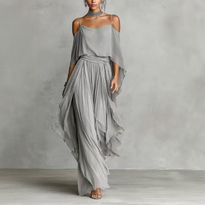 Elegant Off-Shoulder Chiffon Camisole & Wide-Leg Pants Two-Piece Set