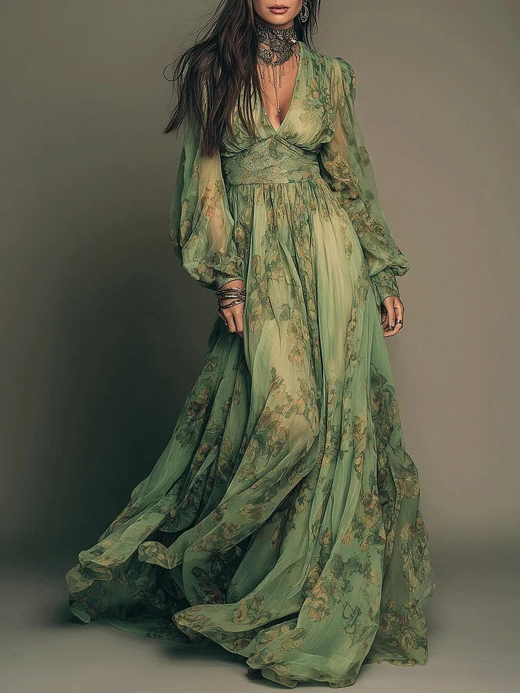 Grünes Chiffon-Maxikleid mit Blumenprint, tiefem V-Ausschnitt und Puffärmeln