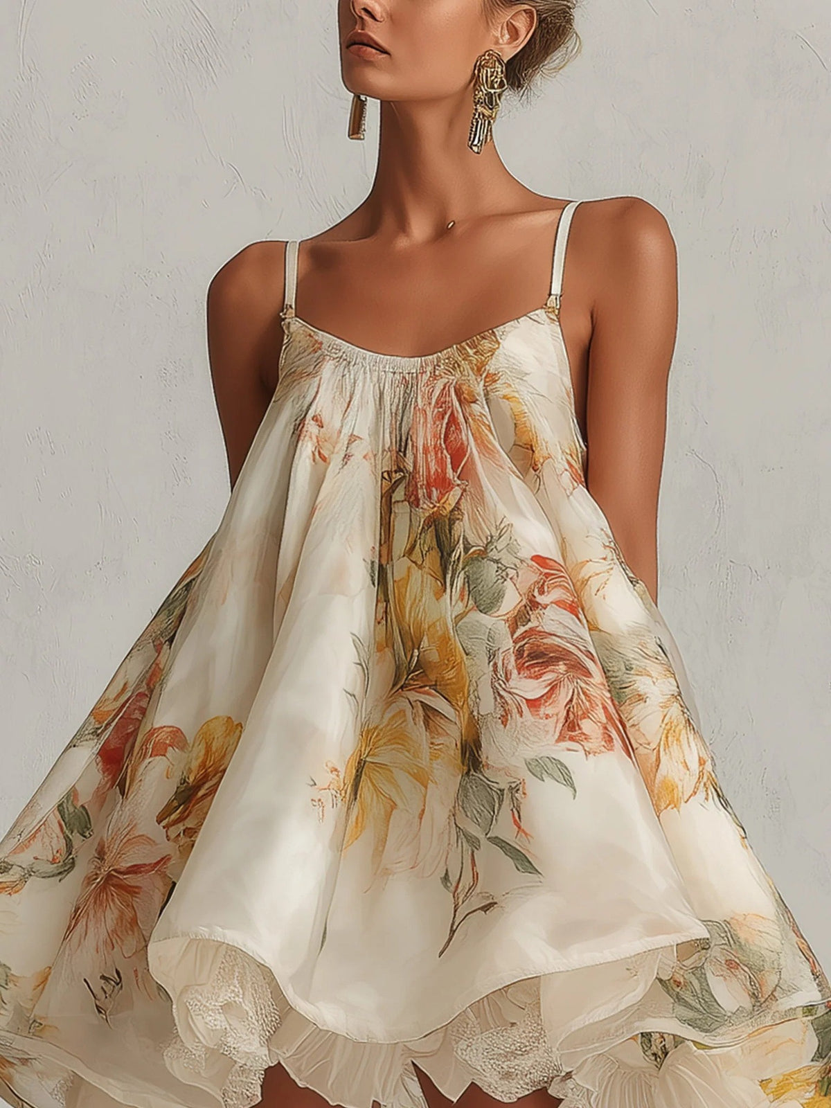 Romantisches Trägerkleid mit Blumenprint, Rüschen und französischer Spitze am Saum
