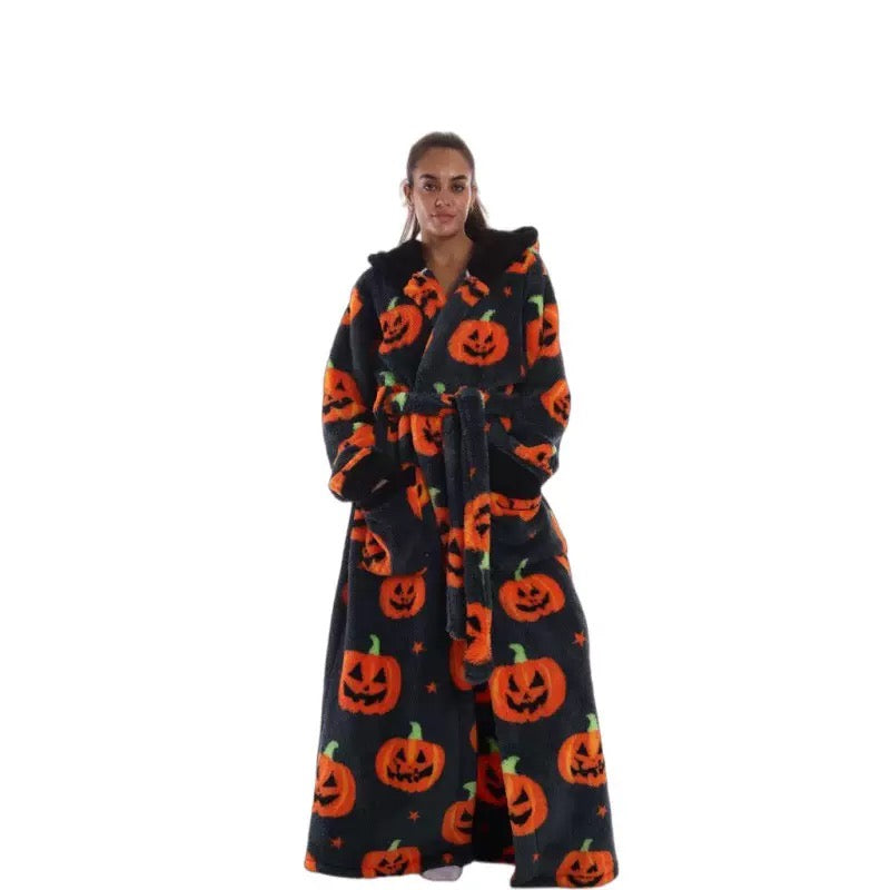 Kapuzenbademantel aus flauschigem Fleece, mit Bindegürtel, Taschen und festlichem Print
