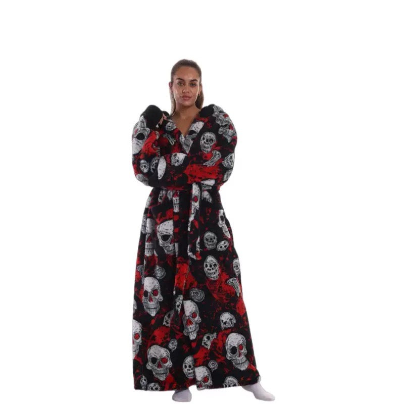 Kapuzenbademantel aus flauschigem Fleece, mit Bindegürtel, Taschen und festlichem Print