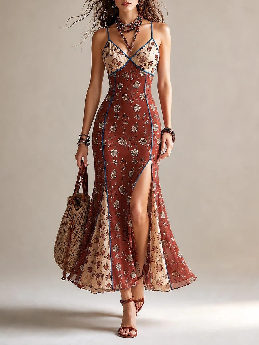 Abito lungo boho con stampa floreale color ruggine, inserti in mesh, profili a contrasto e spacco alto – Abito estivo vintage da spiaggia