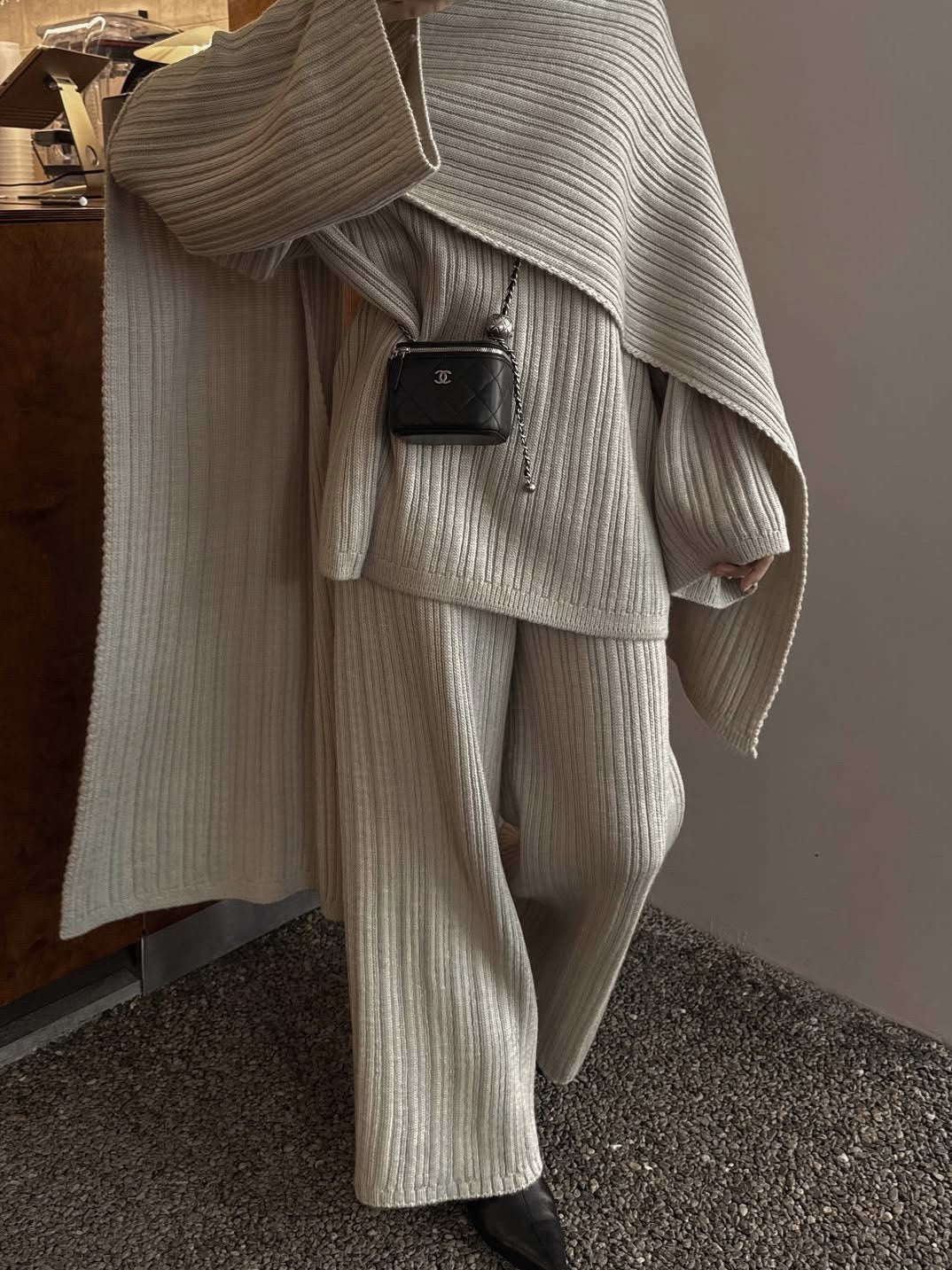 Ribbed Knit 3 Piece Set, Oversized Sweater   Wide Leg Pants   Wrap Shawl Scarf, Women Fall Winter Matching Outfit