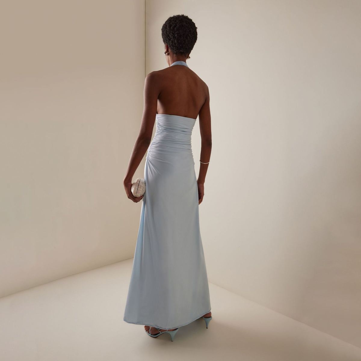 Elegant Halter Neck Ruched Maxi Dress With 3D Floral Appliqués