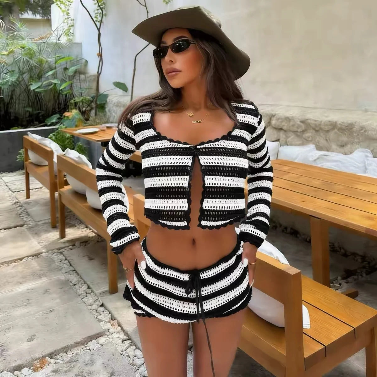 Striped Crochet Knit Long Sleeve Crop Cardigan and Shorts Two Piece Set