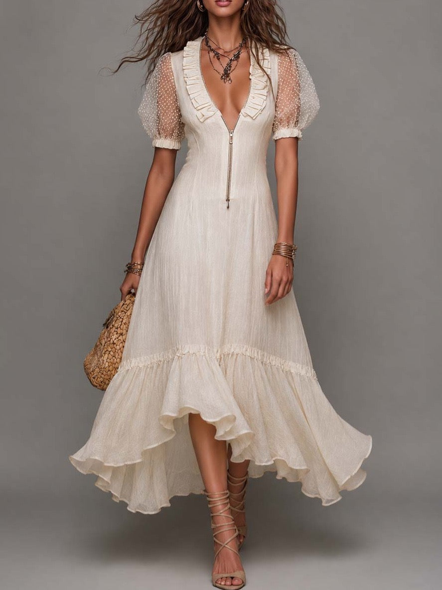 Vestido midi blanco bohemio con textura, mangas abullonadas, bajo con volantes y cierre frontal