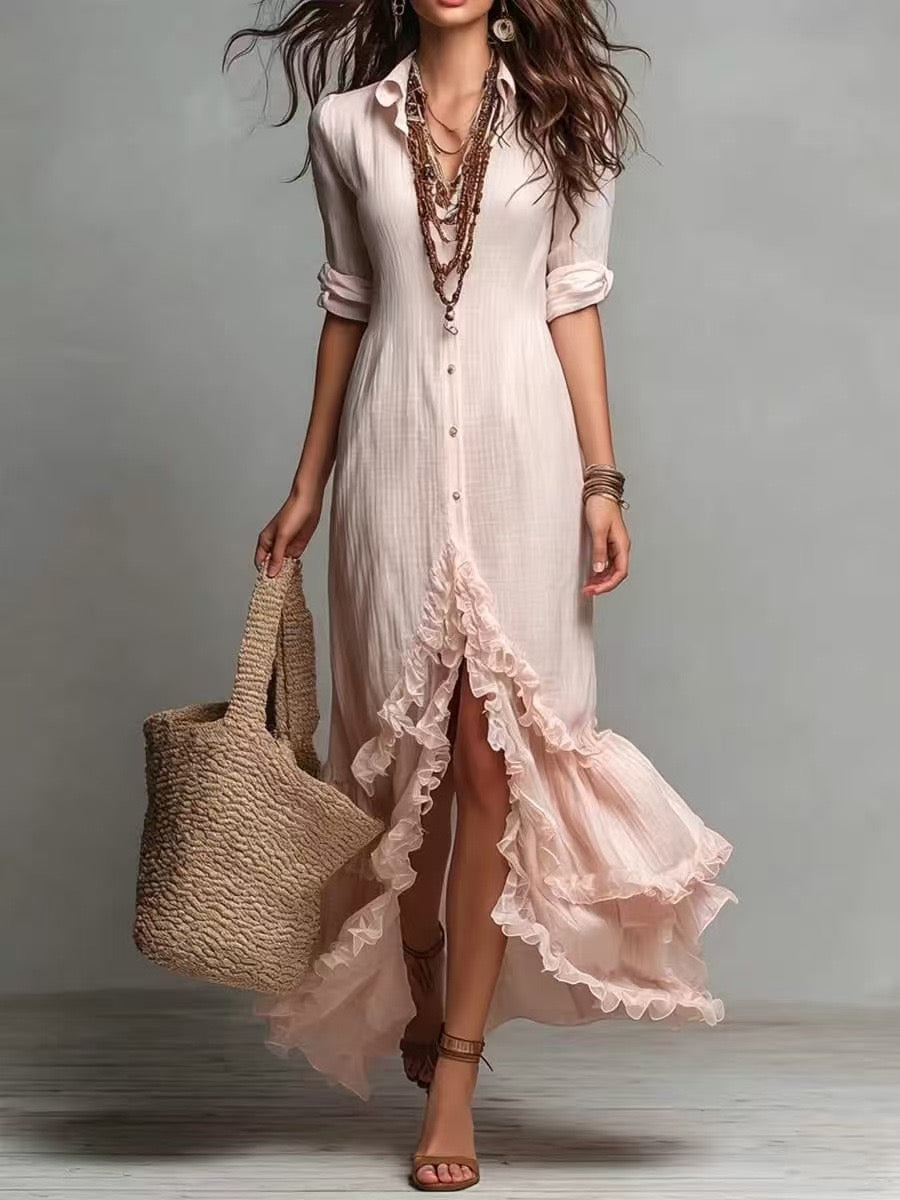 Hemdblusenkleid aus Baumwoll-Leinen im französischen Bohème-Stil mit asymmetrischem Rüschensaum