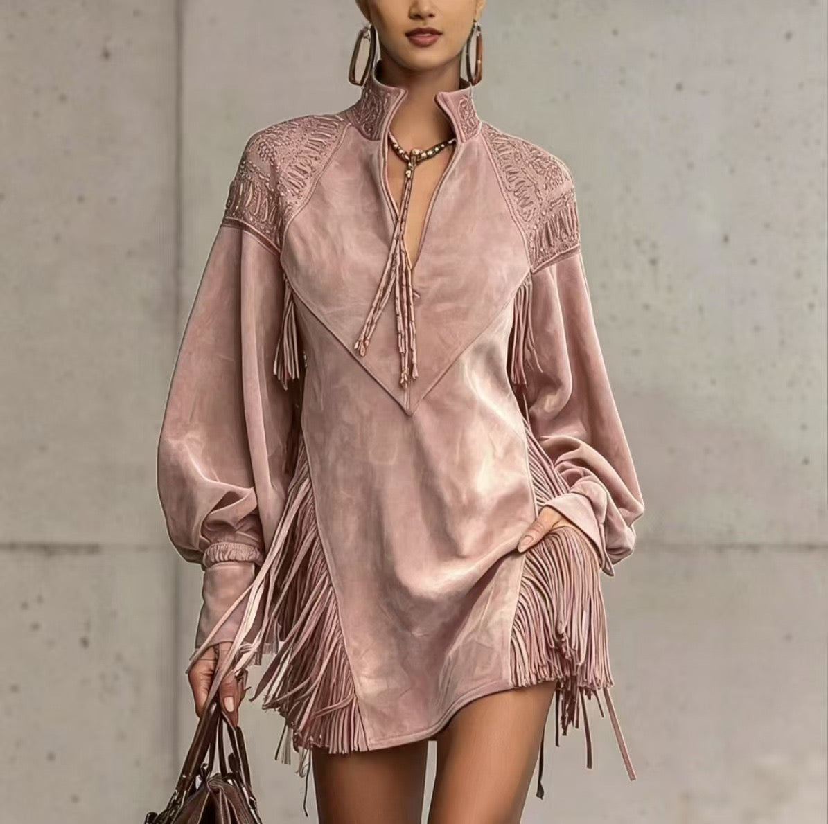 Petite robe bohème brodée à franges, manches longues et col en V