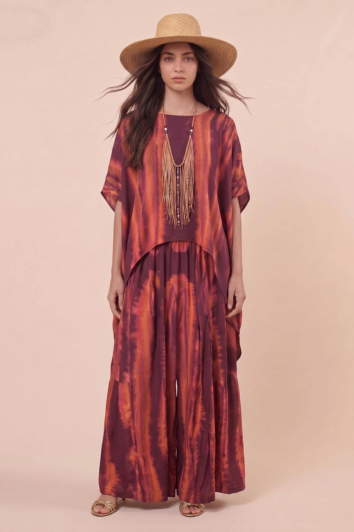 Set aus bedrucktem Oberteil und Hose mit weitem Bein