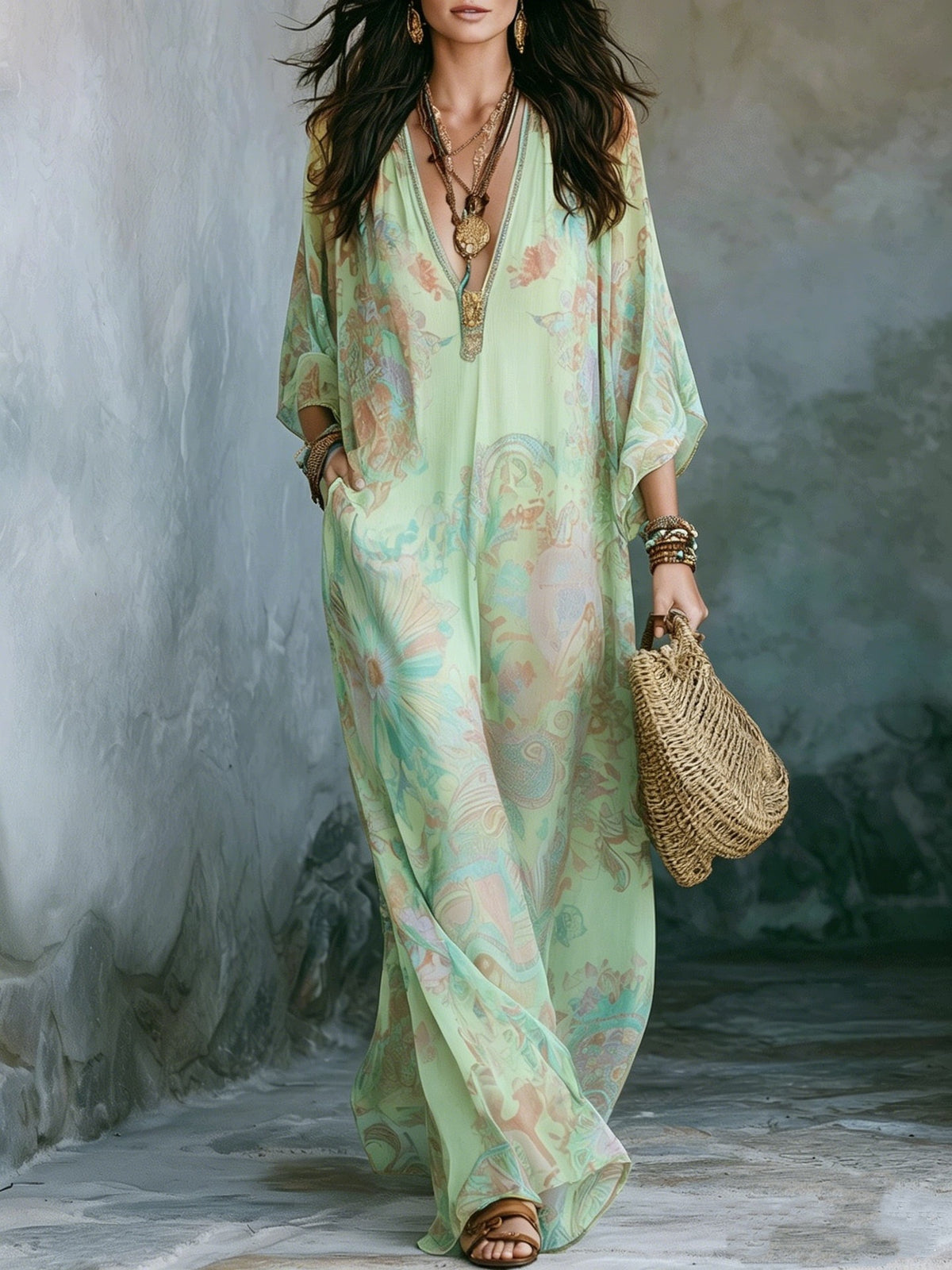 Abito lungo boho in chiffon con stampa floreale e maniche a pipistrello