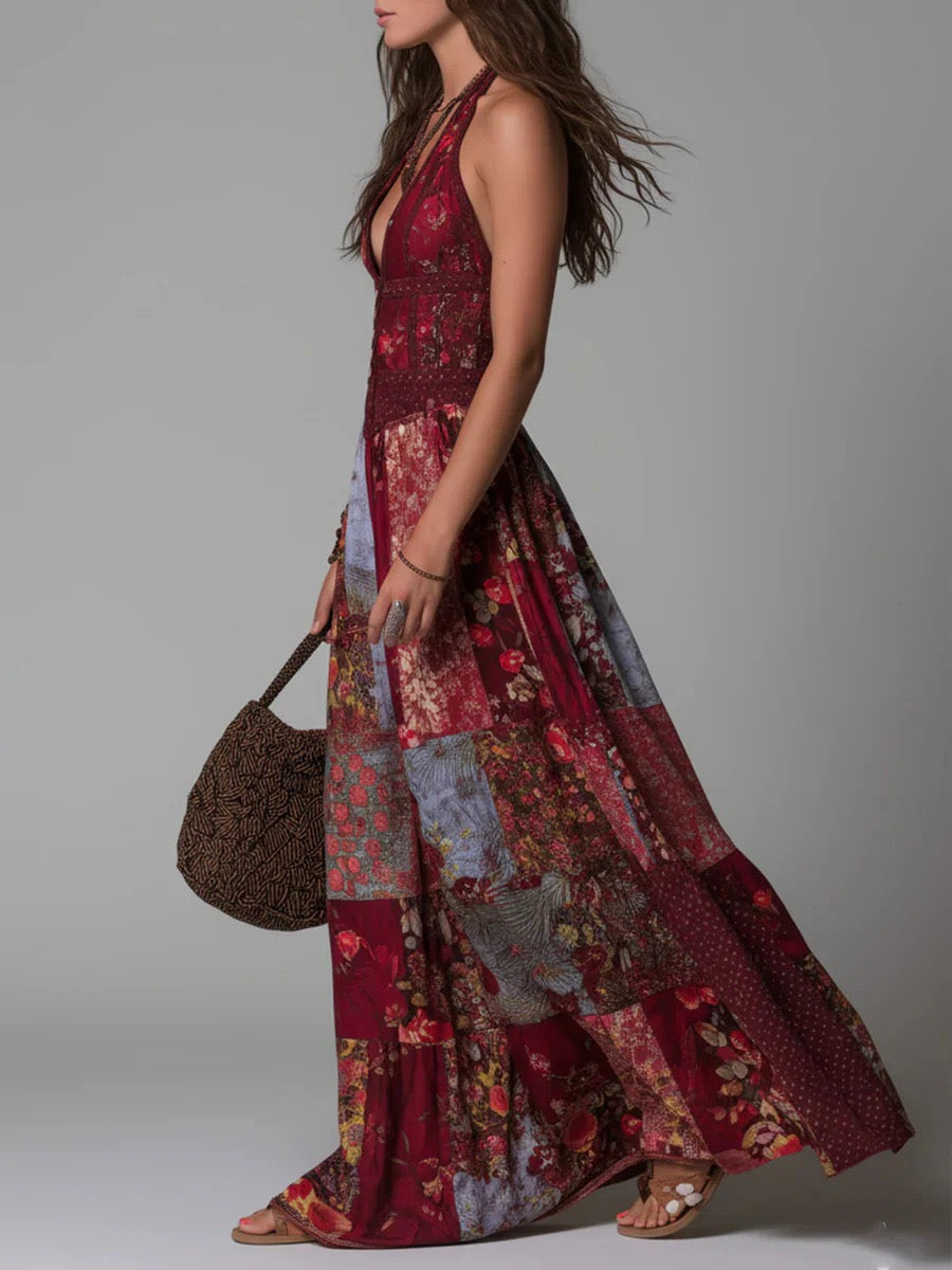 Boho V-Neck Patchwork Floral Maxi Dress – Artistic Summer Gown For Women