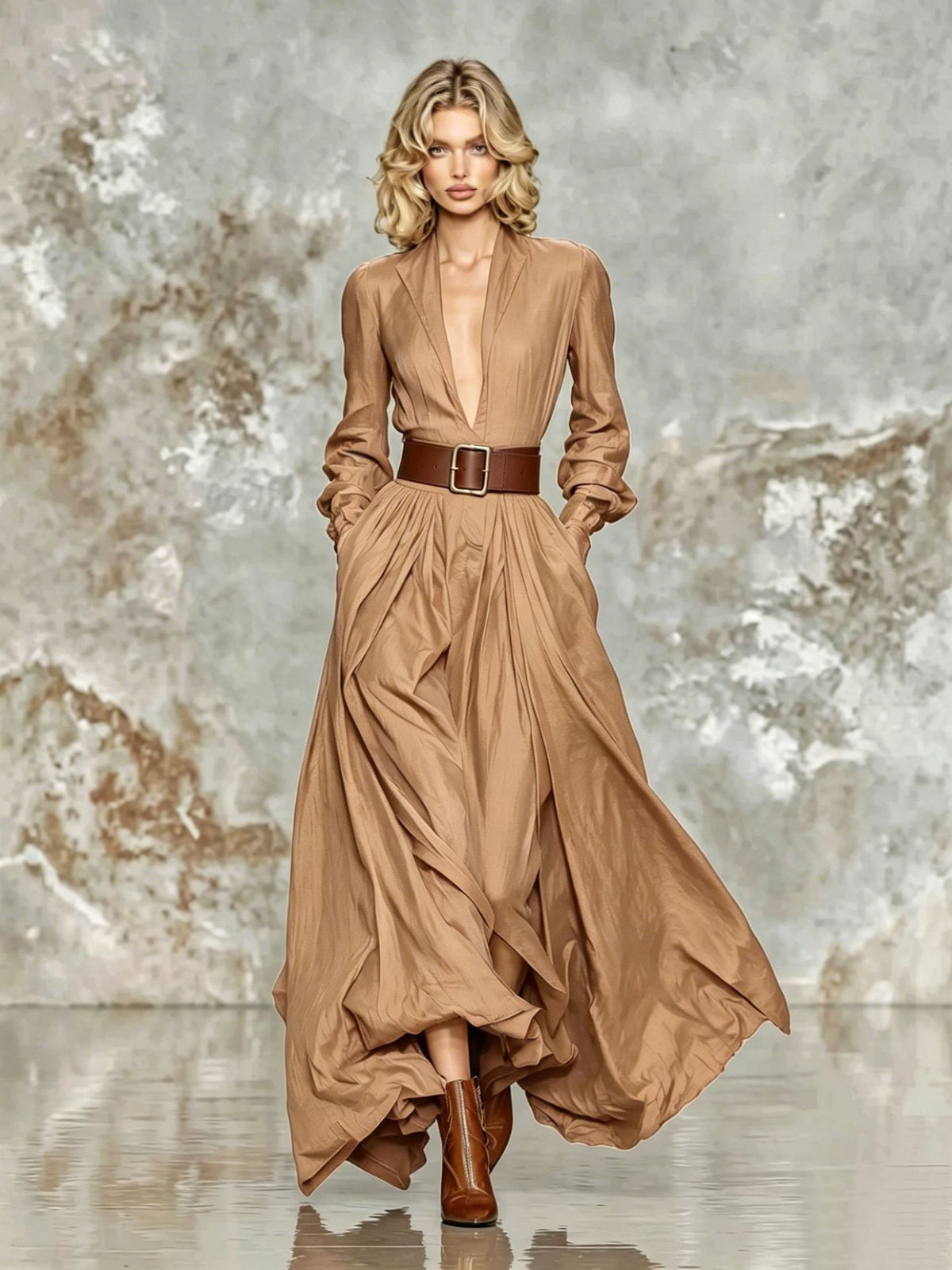 Deep V‑Neck Long Sleeve Belted Maxi Dress, Pleated Flowy Side Pocket Evening Gown