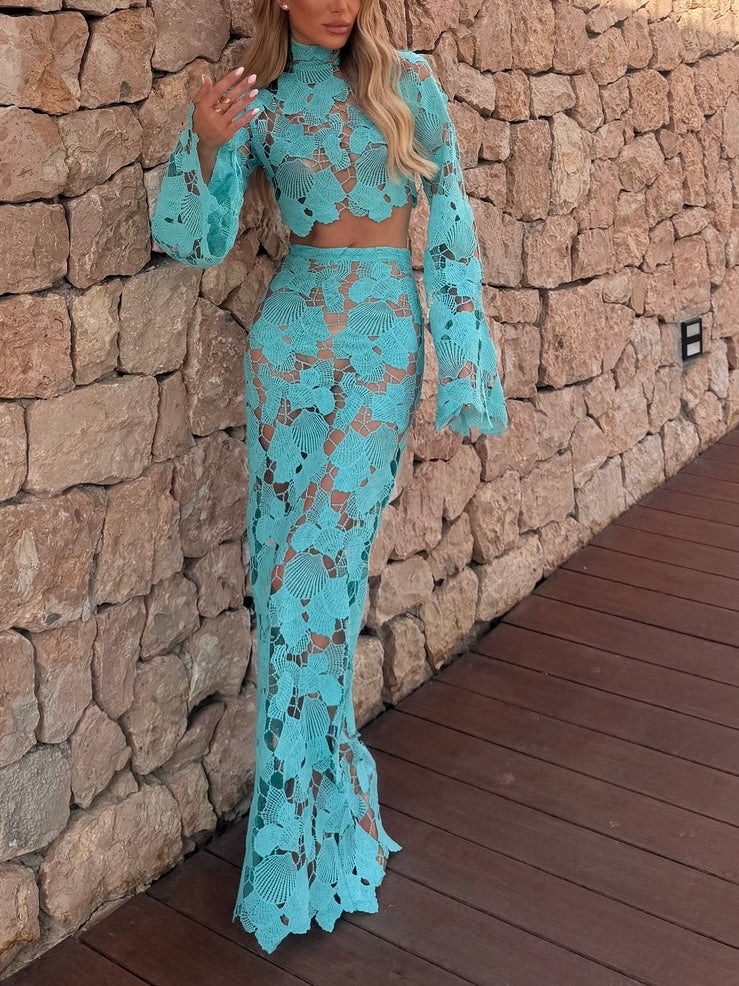 Sexy completo maxi a due pezzi turchese in pizzo con aperture e maniche a campana