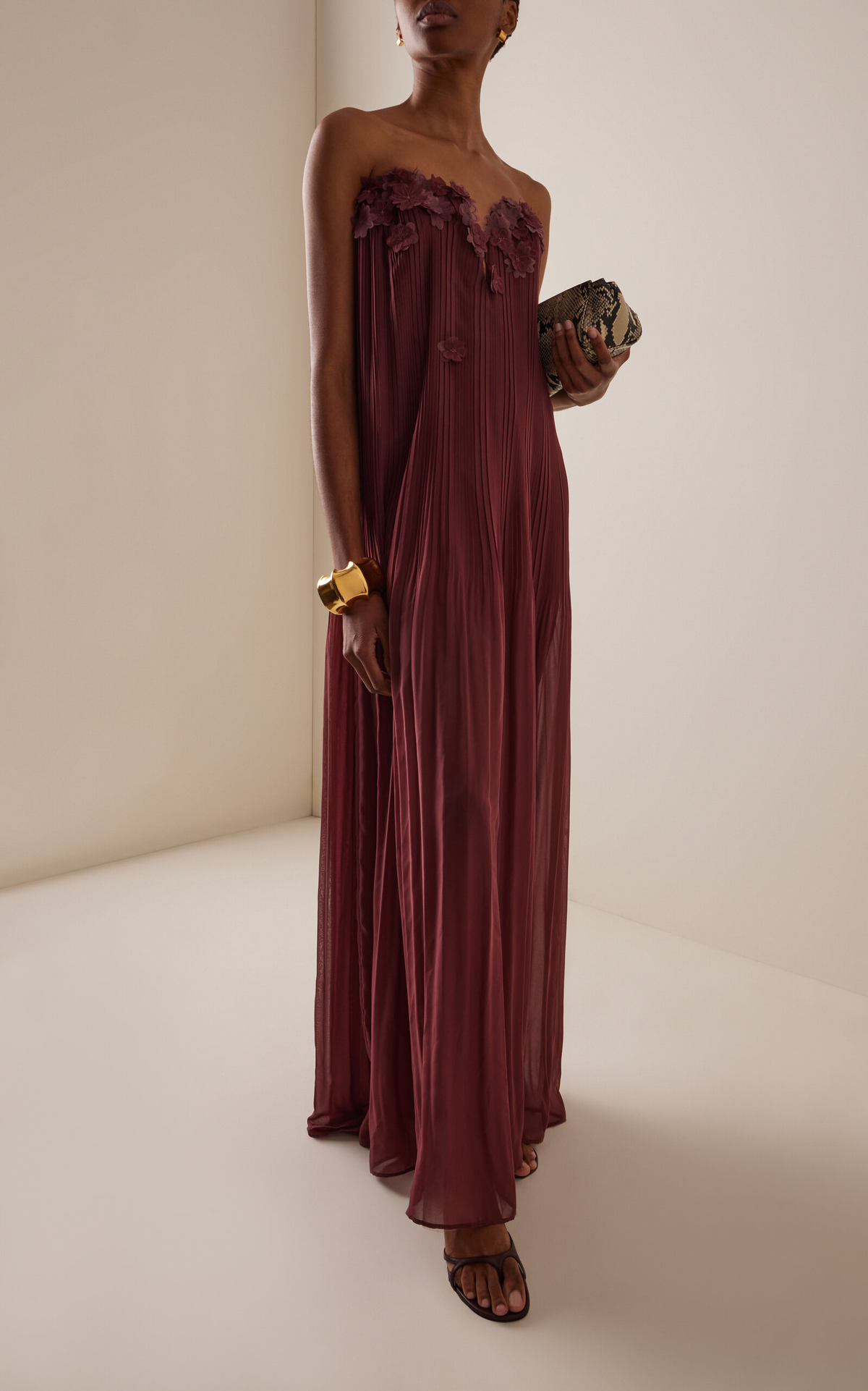 Strapless 3D Floral Pleated Chiffon Maxi Gown