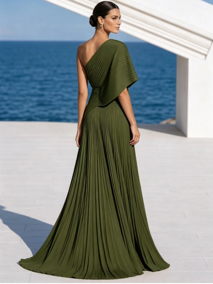Vestido largo plisado naranja vibrante de un solo hombro – vestido de estilo griego