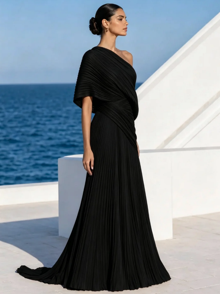 Vestido largo plisado naranja vibrante de un solo hombro – vestido de estilo griego