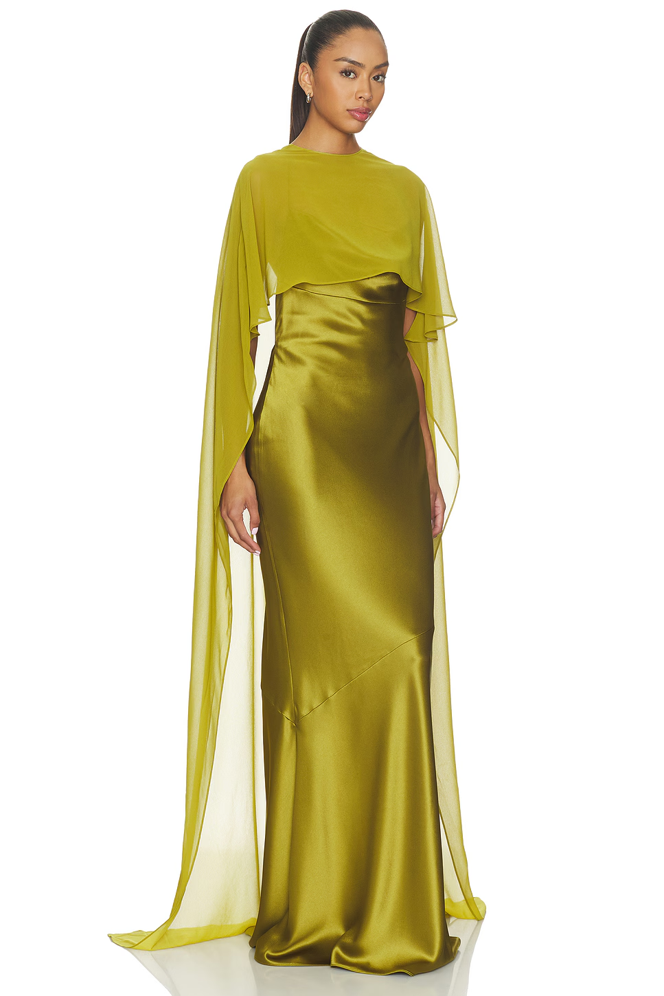 Olive Green Satin Poncho Long Dress