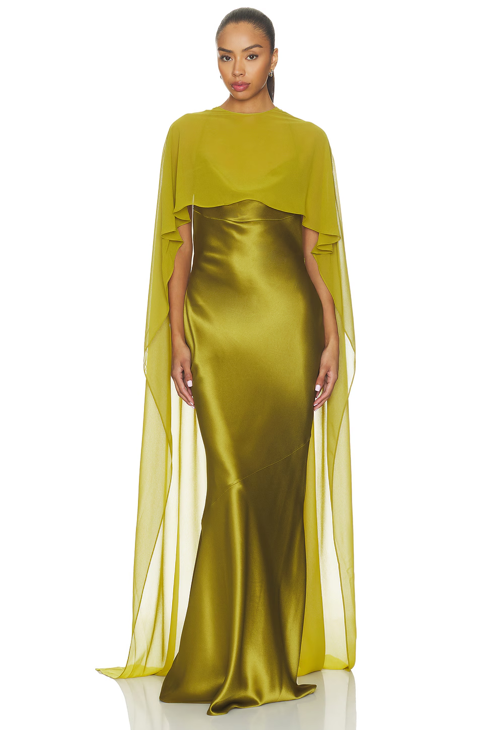 Olive Green Satin Poncho Long Dress