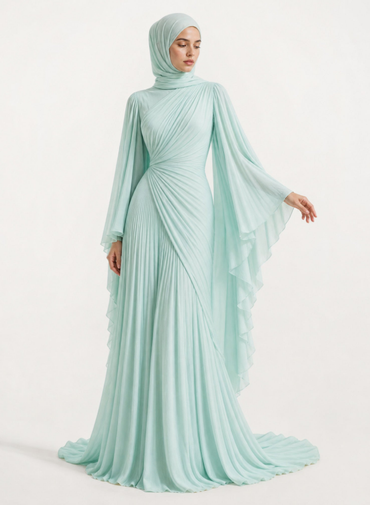 Élégante robe longue en mousseline plissée à col montant et manches cape