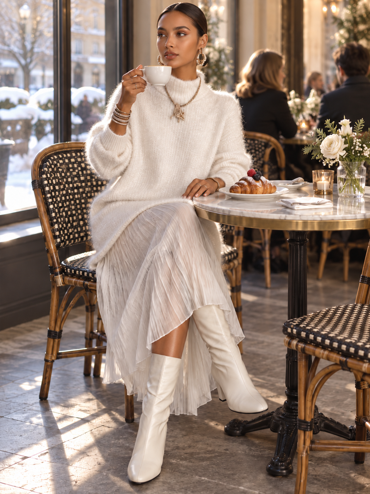 Turtleneck Knit Sweater & Pleated Maxi Skirt Two Piece Set