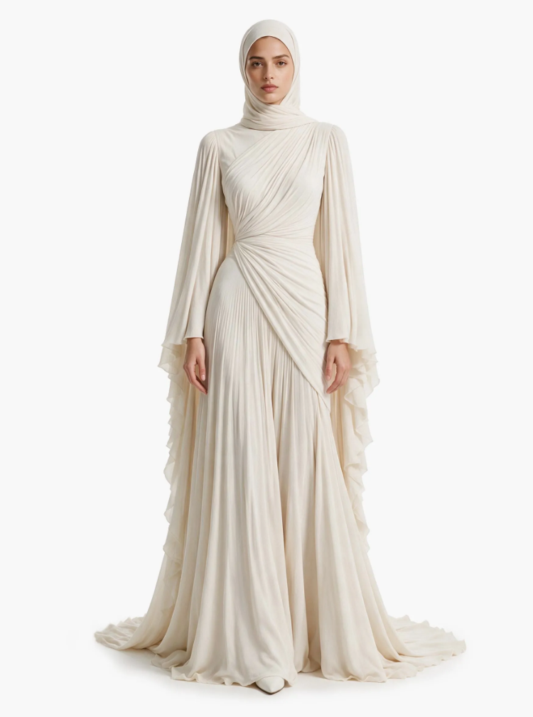 Elegant Pleated High-Neck Cape Sleeve Chiffon Maxi Dress