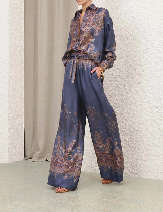 Dusty Blue Paisley Silk Two-Piece Set – Relaxed Button-Down Shirt & Drawstring Wide-Leg Pants Co-ord