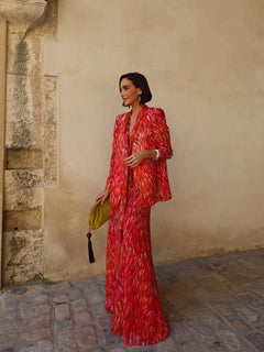Red Brushstroke Print Tie Front Blazer and Wide Leg Pants Two Piece Set [erp-image:fa3c0e22e6dfbc5803466851]